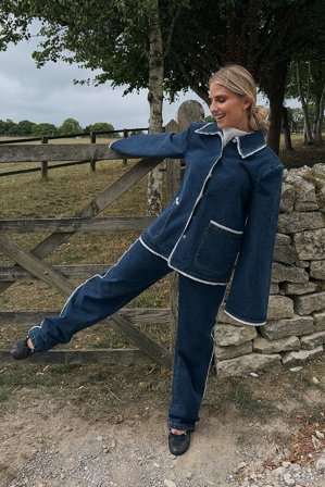 Olivia TPS x NA-KD Blazer en denim à détail en dentelle - Vestes en jean - Bleu - EU 44