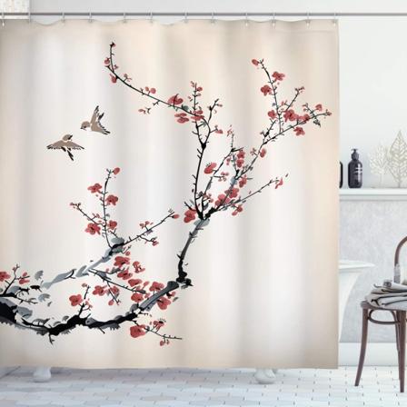 Natur dusjforheng, kunstfugler, dekorativt baderomstekstil