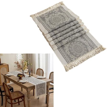 Bordslöpare i 1 del - Bordslöpare med tofsar - Modern köksplatta - 35 x 180 cm - Grå