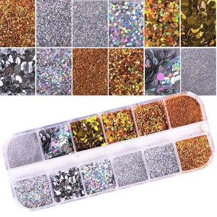 12 negle glitter glitter i en æske, Negle dekorationer