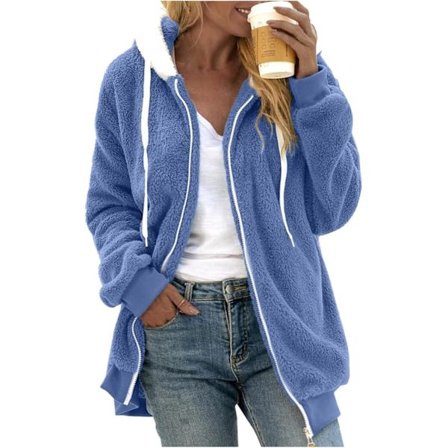 Hættejakke til kvinder Teddy Fleece Frakke Overgangsjakke med hætte med lommer lynlås efterår vinter plysjakke fleecejakke vinter