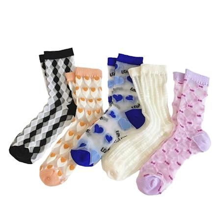 5 kpl vintage-läpikuultavia sukkia, kesän läpinäkyvät kukka nilkkasukat, ohuet verkkopitsi joustavat jacquard-lasisilkkisukat