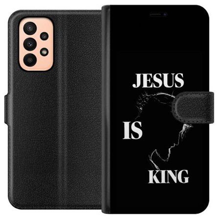 Yhteensopiva Lompakkokotelo Samsung Galaxy A23 Värikkäitä kawaii-hahmoja pinottuna pystysuunnassa violetilla taustalla, pehmeillä muodoilla ja leikkis