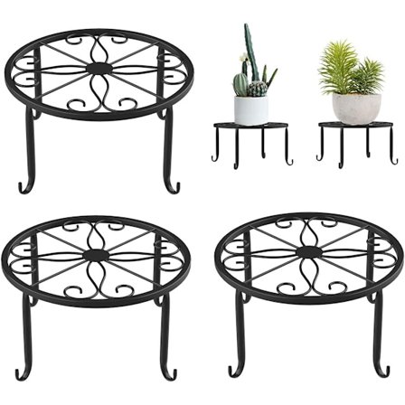 Blomsterpiedestal Plantestativ, 3 stk. Blomsterstativer Metal Sort Smedejern Rund Potteplante Base til Indendørs Altan Udendørs Have