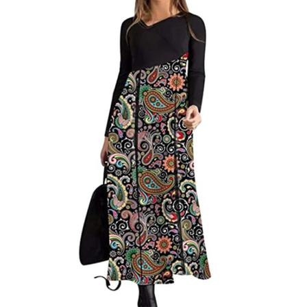 Kvinnor Vintage Maxiklänningar Sfloral Print Swing V Neck Lång Klänning