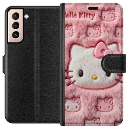 Kompatibelt Lommeboketui til Samsung Galaxy S21 Hello Kitty rosa fluffy bakgrunn med ikoniskt ansikt og kawaii-estetikk