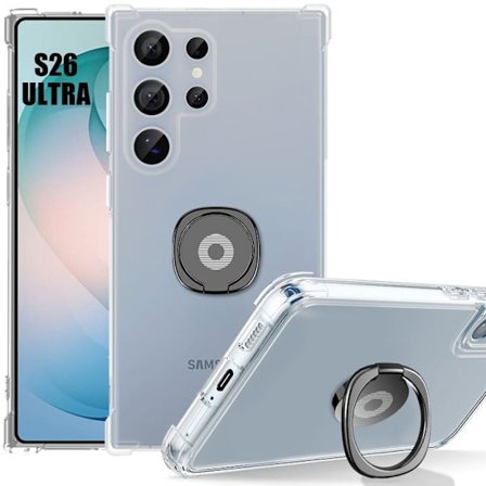 Cover til Samsung Galaxy S26 Ultra, Transparent Silikone med Forstærkede Hjørner og Sort Støtte