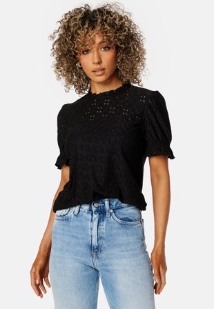 VILA Vikawa S/S Flounce Top Black Klær