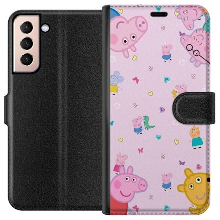 Kompatibelt Lommeboketui til Samsung Galaxy S21 Peppa Gris med en baby i armene, mamma gris motiv i fargerik og myk barneillustrasjon med hjerter