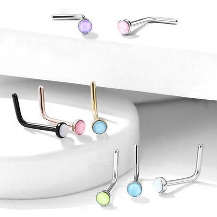 1 L-formet nesepiercing i 316 stål med "Glow in the dark" stein