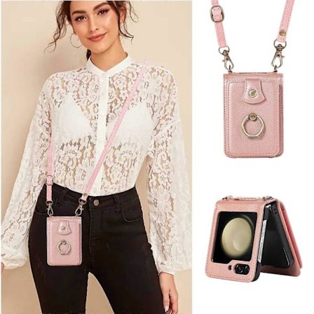 Crossbody-plånboksfodral för Samsung Galaxy Z Flip 6, axelrem, ringstativ, RFID-kortficka, läderfodral