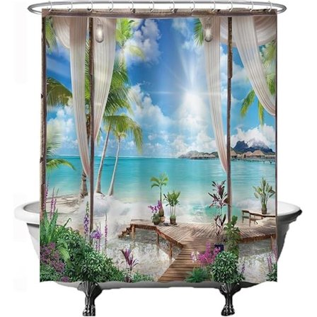 Bruseforhæng, strand- og havmotiv, natur, 180 x 200 cm, vaskbart, anti-skimmel, med 12 ringe, blå, hvid, grøn