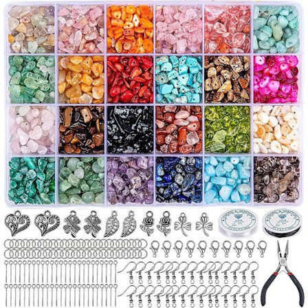 Smykkefremstillings Sæt, 24 Farver Naturlige Ædelstensperler, 5-7 Mm Stenperler, 1073 Stykker Ringe DIY Kit Til DIY Smykker Halskæde Armbånd Ørestik