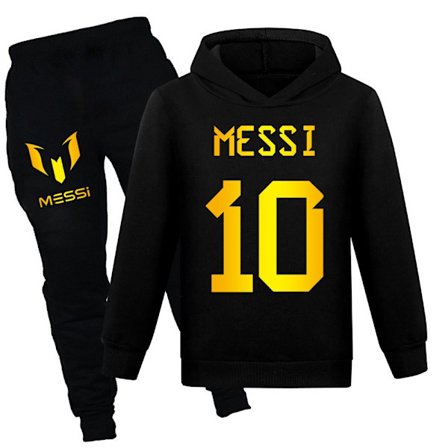 Barne Gutter Jenter Messi Fotball Fotball Hettegenser Treningsdress Sett Hettegenser Topper+Bukser Svart