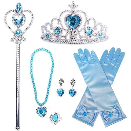 Sæt med 6 udklædningstilbehør, handsker, prinsessekrone, ring, øreringe, tryllestav