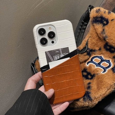 Fodral för iPhone 14 Plus dubbla kortplatser [vitbrun] nr 5 läder krokodilmönster nisch