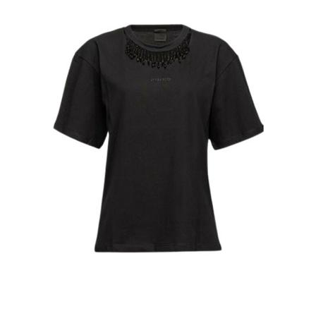 Pinko, T-Shirt With Beads ON THE Decoration Zwart, Dames, Maat:XS
