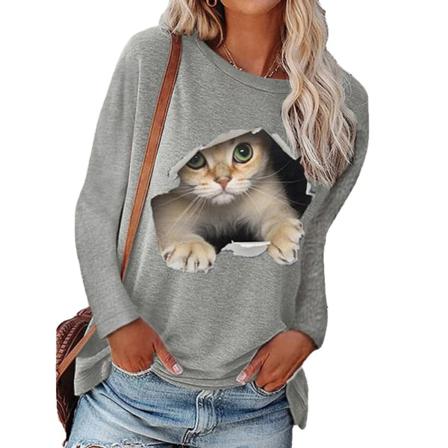 Kvinnor Rundhalsad Tröja Cat Casual Långärmad Topp T-shirt