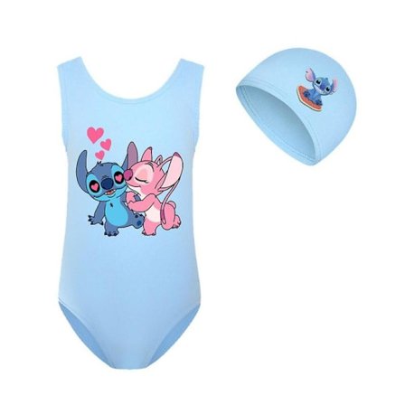 Lilo & Stitch Badedrakt for Barn Jenter Tegneserie Ett Stykke Badedrakt med Lue for Sommer Strand Ferie Basseng Surfing Himmelsblå 13-14 År Himmelsblå