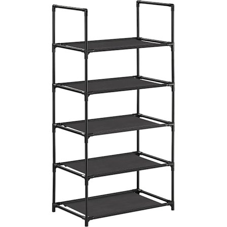 5-lagers skoställ, skoställ, stående hylla med metallram svart