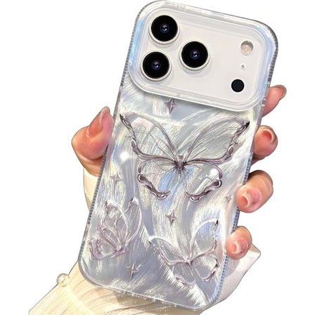 Kompakti kotelo iPhone 17 Pro Max -puhelimelle, kiiltävä hopeinen perhoskuvio, söpö trendikäs pehmeä ohut TPU-iskunkestävä suojapuhelinkotelo naisille