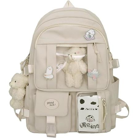Kawaii-reppu tyt ille, s p esteettinen reppu, koululaukku neulalla ja tarvikkeilla White
