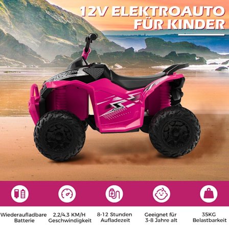 12V elektrisk fyrhjuling för barn med 2,2/4,3 KM/H hastighet & Horn, musik & LED-lampor elektrisk quad rosa
