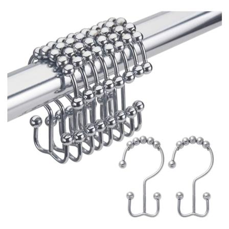 Duschdraperi-krokar, Rostfria Dubbla Glidande Metallkrokar för Duschstångsdraperier i Badrum, Set med 12 Kromringar