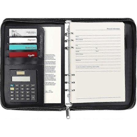 A5 Konferencemappe med Lynlås - Sort Personlig/Arbejds Organiser - Business Rejse Porteføljemappe med Ringbind, Lommeregner, Genopfyldelige Notesblok 