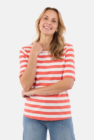 JENSEN - Kortærmet T-shirt - Koral / Hvid - Stribet