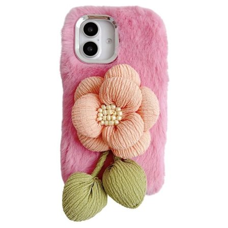 iPhone 16 Plus Plush Phone Case 3D Flower Decor Fluffy Flexible Back Cover - Pink