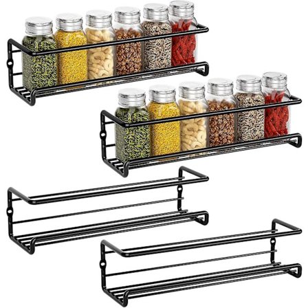 Krydderihylde til køkken, metal, uden boring, vægmonteret til køkken, 29x6x6cm (sort, 4 stk.)