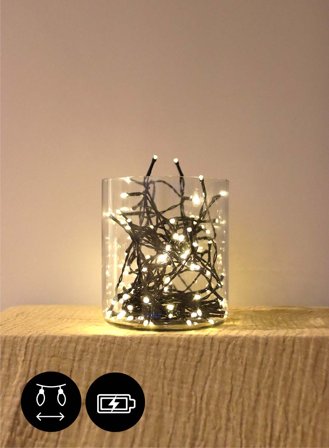 Lyslenke 10m oppladbar 240 lys m/timer og funksjoner - varm hvit | lyslenke