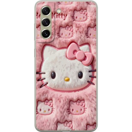 Kompatibel Mobilcover til Samsung Galaxy S21 FE 5G Hello Kitty lyserød fluffy baggrund med ikonisk ansigt og kawaii-æstetik