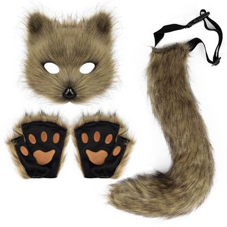 Foxtail Fuskpäls Mask Plysch Katt Varg Fluffig Halloween Kostym Party Handskar Katt Tass Cosplay Set