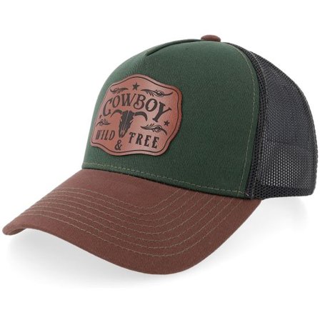 Wild Spirit - Grön trucker Keps - Wild Cowboy Red Leather Patch Forest Green/Black/Brown A-Frame Trucker @ Hatstore