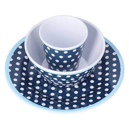 Mørkeblå Prikker 3-delt Salat Servise Sett med Tallerken, Bolle og Kopp for Frukt og Snacks