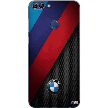 Kompatibelt Mobilskal till Huawei P smart Abstrakt BMW-inspirerad design med diagonala färgfält i blått, rött och svart mot perforerad metallstruk