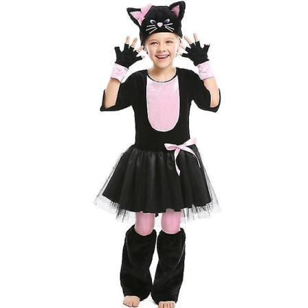 Puku tytölle Vaaleanpunainen musta kissa mekkopuku Halloween karnevaalijuhliin Mardi Gras Cosplay 105-120CM