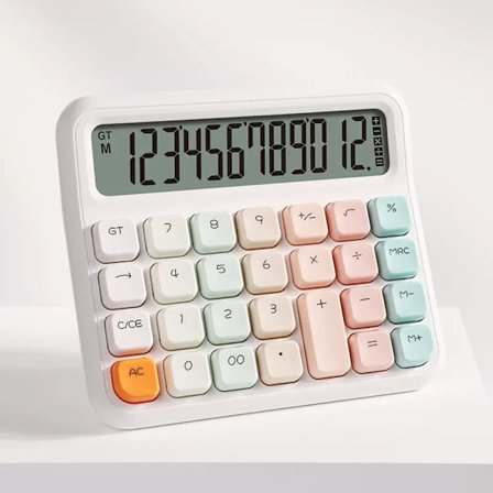 Hvid, mekanisk tastaturregnemaskine, 12-cifret stort LCD-display og knapper, velegnet til hverdags- og grundlæggende kontorbrug