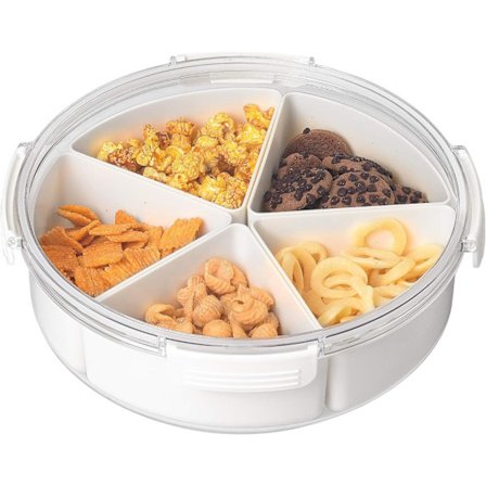 Vit rund plastdelad bricka med lock, 5 individuella bestickfack