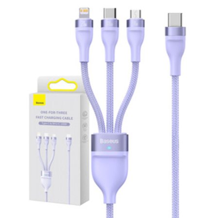 3-i-1 USB-kabel Baseus Flash Series 2, USB-C + micro USB + Lightning, 100W, 1,5 m (lila)