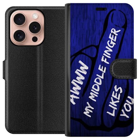 Kompatibelt Lommeboketui til Apple iPhone 16 Pro Mørk typografisk illustrasjon med hjerteform og budskap om vennskap mot dyp blå tretekstur