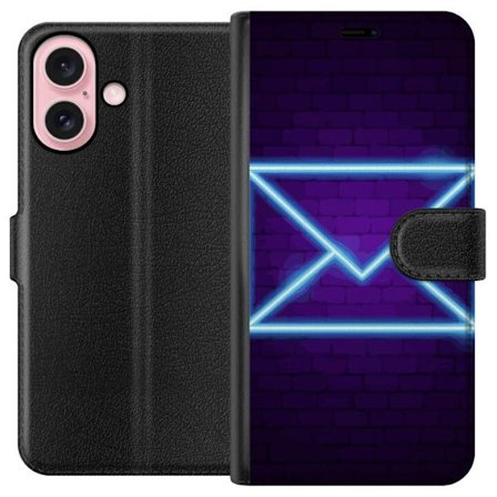 Yhteensopiva Lompakkokotelo Apple Apple iPhone 16 Neonilta illuustraatio kirjekuoresta sinisessä valossa lila tiiliseinää vasten, nykyaikainen symb
