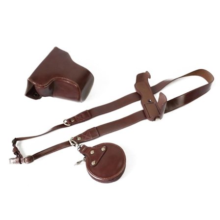 Fuji XA5 beskyttelsesetui + bærestrop + linsetaske i kunstlæder - Kaffe