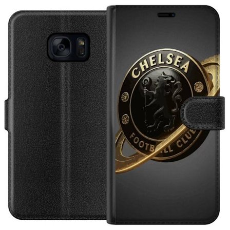 Kompatibelt Plånboksfodral till Samsung Samsung Galaxy S7 Chelsea-emblem i svart och guld med lejonmotiv, ringformad design och svepande guldeffekt p