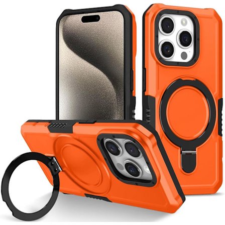 Telefonfodral - iPhone 16 Pro Max - Stöttåligt - Inbyggt Ställ - Orange