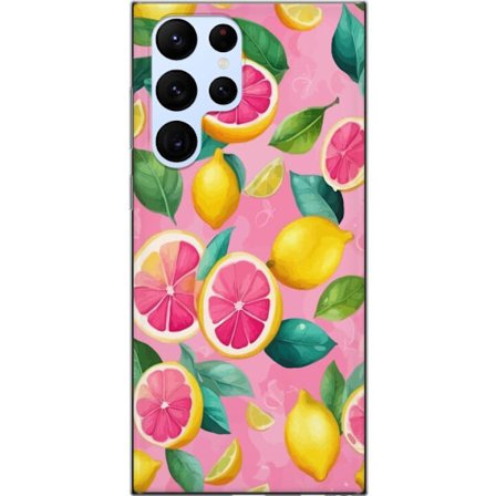 Kompatibelt Mobildeksel til Samsung Galaxy S22 Ultra 5G Friske rosa sitrusmønster med sitroner, grapefrukt og grønne blader på pastellbakgrunn, som