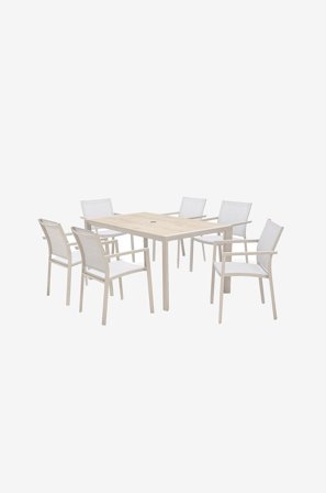 LifestyleGarden - Urbanite set m. 160 cm bord och 6 stapelfåtöljer - Natur - Matgrupper - Från Homeroom