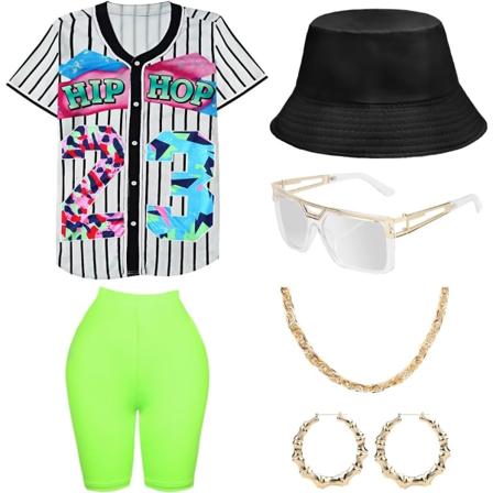 DPARTY 80- och 90-talskläder för kvinnor, unisex hiphop-kostym, basebolltröja, yogabyxor, rapartister, accessoarer, vit skjorta, Gre Large
